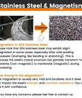 Image explaining magnetism in 304 stainless steel with visual of wire and screws, highlighting stamping process.