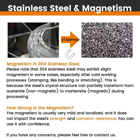 Image explaining magnetism in 304 stainless steel with visual of wire and screws, highlighting stamping process.