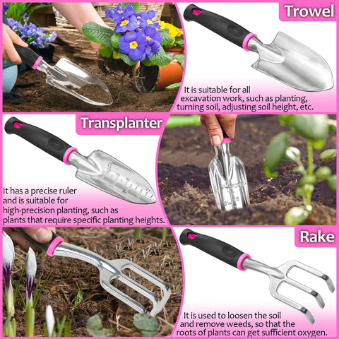 Pink Garden Tools Set For Women With 2 In 1 Detachable Storage Bag Including Trowel Transplanter Rake