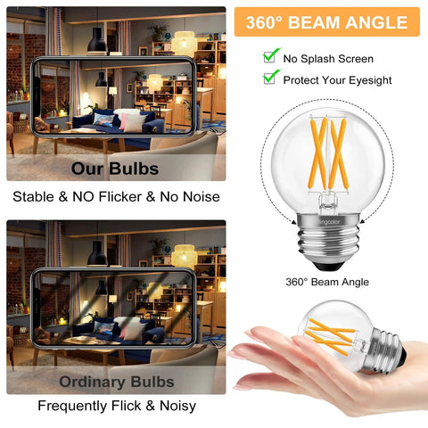 Infographic comparing 6 Pack G16.5 LED Globe Bulbs 60W Equivalent Dimmable E26 2700K Warm White with ordinary bulbs