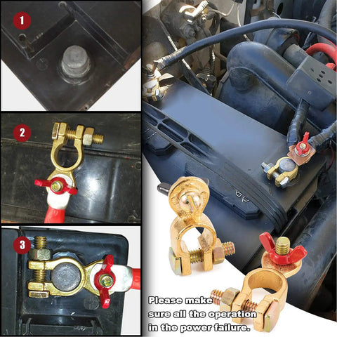 Solid Brass Battery Terminals With Color Coded Wing Nuts And Quick Release Connectors For RV Motorcycle Car Truck Boat Caravan Plus Beefed Up Pro Grade Performance And Corrosion Resistant Clamps Two Pairs Included installed view