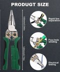 Premium Quality 8 In 1 Electrician Wire Stripper With Digital Voltage Tester For Auto Wiring Home Upgrade Cable Crimping Cutting No Sweat Essential Workhorse Tool size details and function highlights.