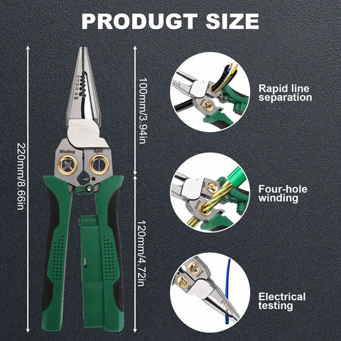 Premium Quality 8 In 1 Electrician Wire Stripper With Digital Voltage Tester For Auto Wiring Home Upgrade Cable Crimping Cutting No Sweat Essential Workhorse Tool size details and function highlights.