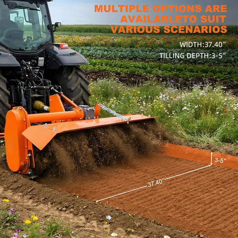 Tractor using Beastly Three Point Rotary Tiller for Class 1 Tractors, 3.8 Foot Wide, 540 RPM PTO, tilling soil in field
