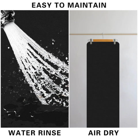 Heavy Duty Floor Protection Mat For Electric Scooter 51 By 16 Inches Absorbent And Flexible Non Slip Durable Shielding Floors from Dirt Scratches Moisture, water rinse on left, drying on hanger right
