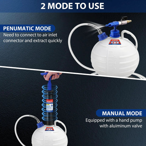 6L Dual Operation Oil Extractor Pump With Pneumatic And Manual Fluid Suction No Mess Oil Change Kit showing operation modes