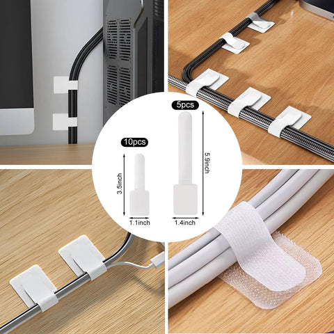 All In One Cable Management Kit With 2 Durable Sleeves 100 Zip Ties 15 Adhesive Clips 10 Cable Clips And 10 Reusable Ties shown on a desk
