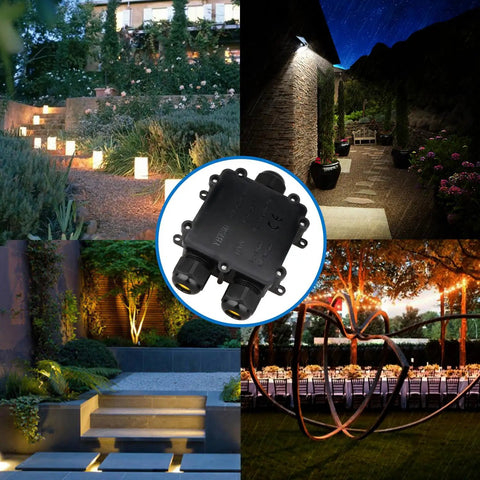 3 Way IP68 Waterproof Junction Box For Outdoor Use, black, shown in garden lighting setup