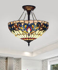 Serenity Tiffany-Style Dark Bronze 2 Light Semi-Flush Ceiling Fixture 16 Inch Wide With Handcrafted Stained Glass Crystals Beads Uplight