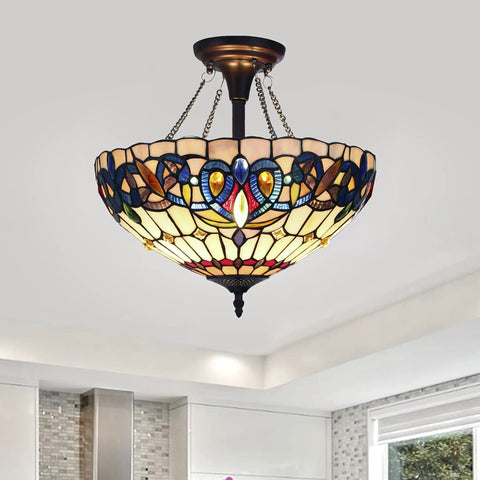 Serenity Tiffany-Style Dark Bronze 2 Light Semi-Flush Ceiling Fixture 16 Inch Wide With Handcrafted Stained Glass Crystals Beads Uplight