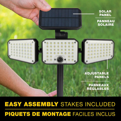 Bionic Motion Sensing Solar Powered LED Black Flood Light, close-up of three adjustable panels and solar panel outdoors
