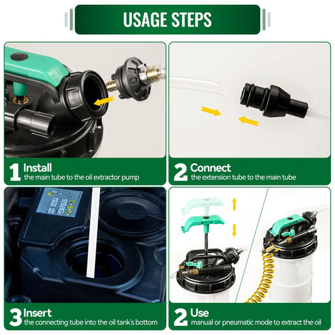 Diagram showing steps to use 9.5 L Oil Extractor Pump All In One Kit For Cars And Boats with hoses and connections.