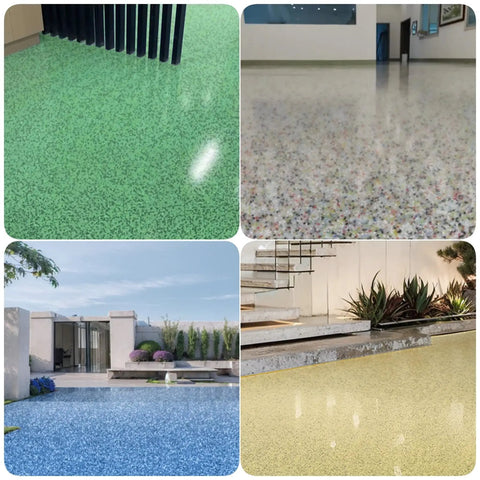 Epoxy Floor Paint With Colored Sand Finish And Imitation Marble Look For Home Or Workshop Cement Floors, Waterproof Non Slip Wear Resistant Coating For Indoor Outdoor Use, High Gloss Built To Last Surface showing green, multi-color, blue, and yellow finishes