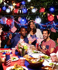 Group at party with Red White Blue Solar String Lights 39Ft With 60 LEDs Waterproof Patio Lights For Independence Day Garden Yard Gazebo.