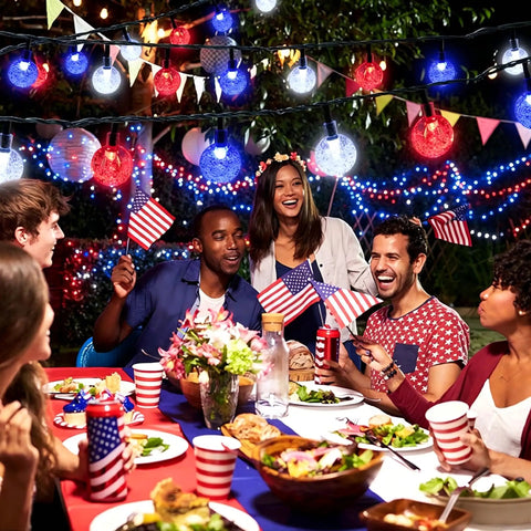 Group at party with Red White Blue Solar String Lights 39Ft With 60 LEDs Waterproof Patio Lights For Independence Day Garden Yard Gazebo.