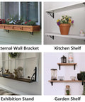 Heavy Duty Decorative Shelf Brackets 5 By 3.5 Inch Matte Black Metal Corner Supports Two Hundred Pounds used in various shelf setups.