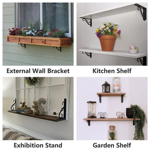 Heavy Duty Decorative Shelf Brackets 5 By 3.5 Inch Matte Black Metal Corner Supports Two Hundred Pounds used in various shelf setups.