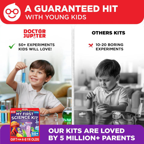Color image of a child happily experimenting with Hands On Science Kit For Kids Aged 4 To 8 With 50 Plus Experiments.