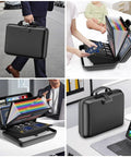 Rugged Hard Shell Fireproof File Organizer With Lock 13 Pocket Accordion Folder for documents and laptops in use and side view