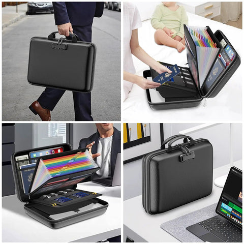 Rugged Hard Shell Fireproof File Organizer With Lock 13 Pocket Accordion Folder for documents and laptops in use and side view