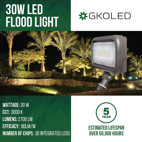 30W LED Flood Light for Outdoor Security, 2700 Lumens, 3000K Warm White, 120-277V Universal, UL Listed.