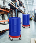 Two Pack Drum Dollies For 16 Gallon Drums Red Mobile Base With Four Swivel Casters, Heavy Duty Drum Cart Set For Buckets, Shops, Garages, Factories, And Warehouses, Easy Roll, Stable, Perfect For Moving Large Drums, blue 16-gallon drums on red swivel caster dollies in warehouse