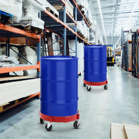 Two Pack Drum Dollies For 16 Gallon Drums Red Mobile Base With Four Swivel Casters, Heavy Duty Drum Cart Set For Buckets, Shops, Garages, Factories, And Warehouses, Easy Roll, Stable, Perfect For Moving Large Drums, blue 16-gallon drums on red swivel caster dollies in warehouse