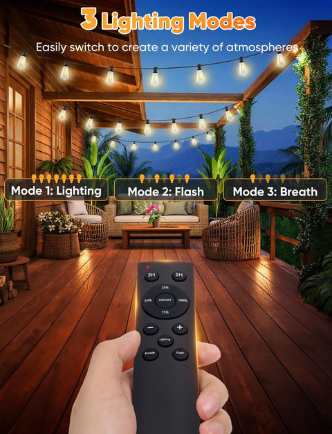 120 Foot Outdoor LED String Lights With Remote Waterproof Patio Lighting With 38 Shatterproof ST38 Bulbs on a porch