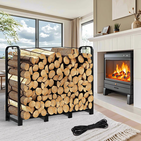 Beefy Heavy Duty Firewood Rack With Log Carrier Four Foot Outdoor Wood Storage Stand near fireplace indoors