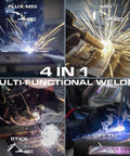 Multiple welding modes of Sunstac 180A MIG Welder With Synergic LCD Control; Flux, MIG, Stick, and Lift TIG processes.