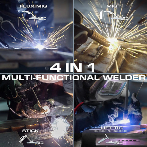 Multiple welding modes of Sunstac 180A MIG Welder With Synergic LCD Control; Flux, MIG, Stick, and Lift TIG processes.