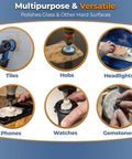 Real Deal Cerium Oxide Glass Polishing Powder for Heavy Duty Windshield Scratch Removal shown on tiles, hobs, headlights, phones, watches, and gemstones.