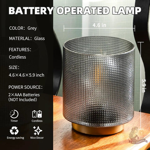 Battery Operated Lamp With Timer Cordless Table Lamp, grey glass shade on wooden surface, size 4.6x4.6x5.9 inches.