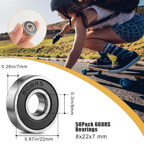 608RS ball bearing close-up view, bearing steel with double rubber seals, 8x22x7 mm, 50-pack.