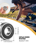 50 Pcs 608 2RS Ball Bearings With Double Rubber Seals, 8x22x7mm, ideal for skateboards and scooters, female skateboarder in background.