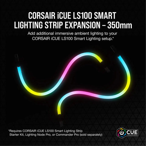 Two 350mm iCUE LS100 Smart Lighting Strips Expansion Kit with 21 addressable LEDs for RGB ambient lighting on monitors and PC cases.