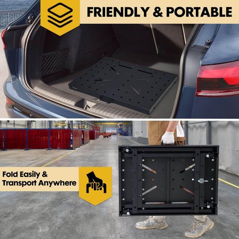 Foldable Welding Table Work Bench With 1000 Lbs Capacity Heavy Duty Steel Construction Pro Grade Portable Weld Table Featuring 0.63 Inch Fixture Holes Spaced 2.6 Inches For Precise Clamps Jigs And Fixturing In Welding Assembly And Repair, folded in a car trunk and carried by hand.