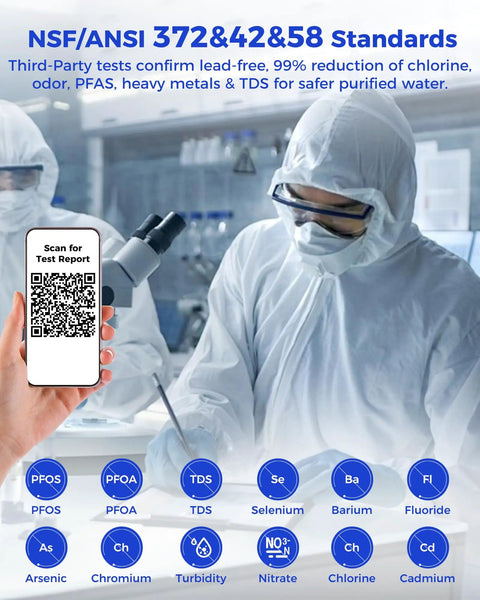 Laboratory setting showing NSF/ANSI standards for water filtration with third-party test confirmation for safer purified water.