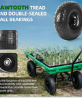 Two Pack 10 Inch Solid Rubber Tires and Wheels 4.10/3.50-4 Flat Free Replacement for Wheelbarrow, Dolly, Hand Truck, Wagon, Garden Cart and Generator Wheels With 5/8 Inch Bearings and 2.2 Inch Offset Hub For Outdoor Use shown on a green garden cart with plants.