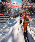 Hikers in snowy forest with Extra Large 84 Inch By 63 Inch Thermal Mylar Emergency Blanket Kit for all-weather protection.