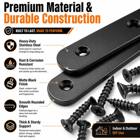 Heavy Duty 100 Piece Stainless Steel Flat Plate Straight Brackets 36mm To 76mm Tough As Nails Corner Brace Kit For Furniture Reinforcement, close-up of matte black brackets and screws.