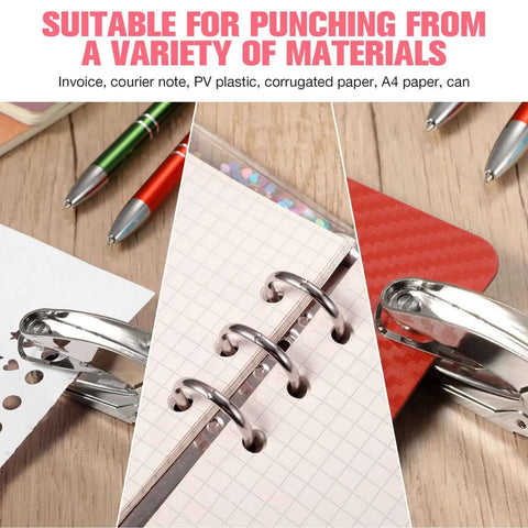 Five Piece Handy Handheld Hole Punch Set With Metal Small Punches in use on paper, showing versatility with circle, heart, and star shapes