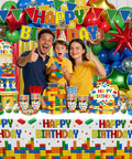 Complete Building Block Birthday Bash Decor Kit In One Box With Foil Balloons Bunting Strings Cupcake Picks And Vinyl Table Cloths For Totally Sick Kid Parties featuring colorful decorations and happy family.