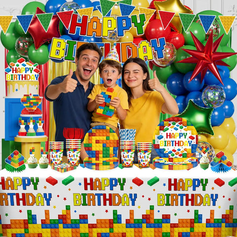 Complete Building Block Birthday Bash Decor Kit In One Box With Foil Balloons Bunting Strings Cupcake Picks And Vinyl Table Cloths For Totally Sick Kid Parties featuring colorful decorations and happy family.