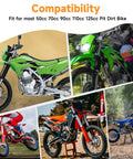 Beefy Front Hydraulic Disc Brake Caliper Assembly And Master Cylinder Kit With Pads Bolt On For 50cc To 125cc Pit Dirt Bikes Including SSR Apollo Taotao Coolster DHZ Stomp Demon X Thumpstar Pitster Pro Roketa And More, with multiple colored dirt bikes.