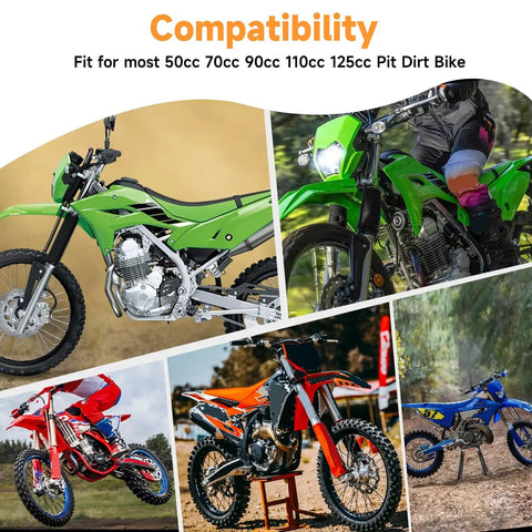 Beefy Front Hydraulic Disc Brake Caliper Assembly And Master Cylinder Kit With Pads Bolt On For 50cc To 125cc Pit Dirt Bikes Including SSR Apollo Taotao Coolster DHZ Stomp Demon X Thumpstar Pitster Pro Roketa And More, with multiple colored dirt bikes.