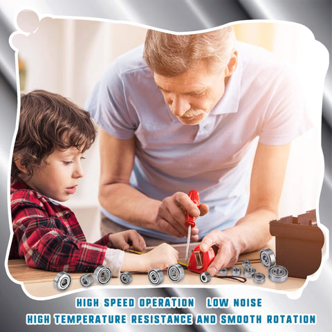 Grandfather and grandson assembling toy car with 70-Piece Sealed Ball Bearing Assortment Kit 608ZZ 693ZZ 623ZZ 624ZZ 685ZZ 687ZZ 627ZZ