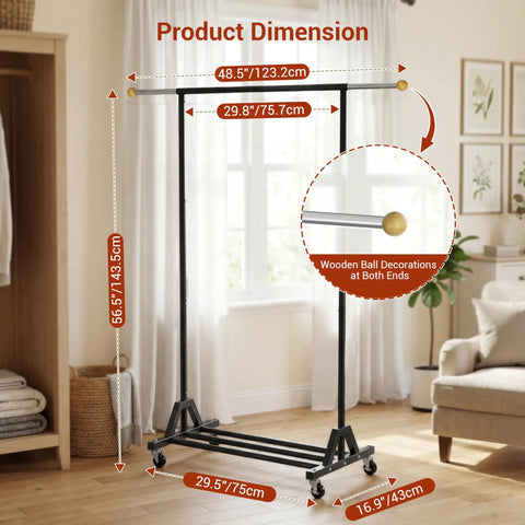 Dope Rolling Garment Rack With Retractable Hanging Rods, Lockable Wheels And Bottom Storage Shelf in bedroom setting