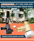Upgraded brass RV vacuum breaker check valve, shown replacing an older black plastic version, fits camper trailer systems.