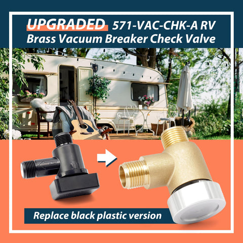 Upgraded brass RV vacuum breaker check valve, shown replacing an older black plastic version, fits camper trailer systems.